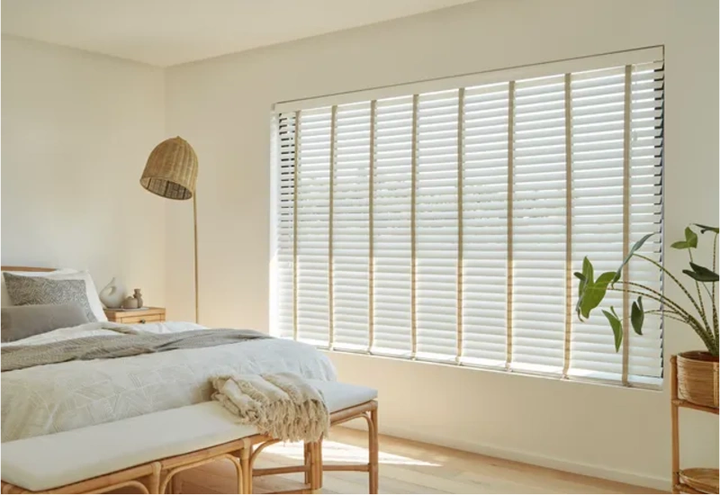 Bamboo blinds in calm bedroom