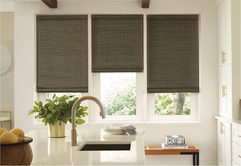 Bamboo blinds in bright kitchen