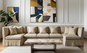 Beige fabric sofa cover on sectional sofa in Dubai living room