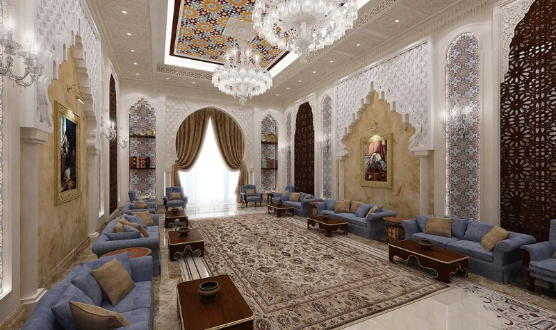 Traditional majlis with chandeliers and patterned sofas