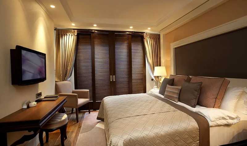 Warm bedroom furniture with soft lighting