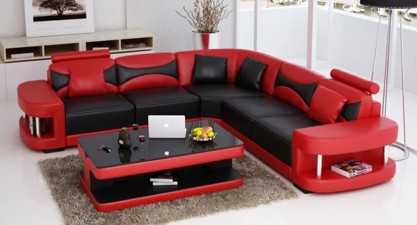 Red and black leather sectional sofa set in modern Dubai living room