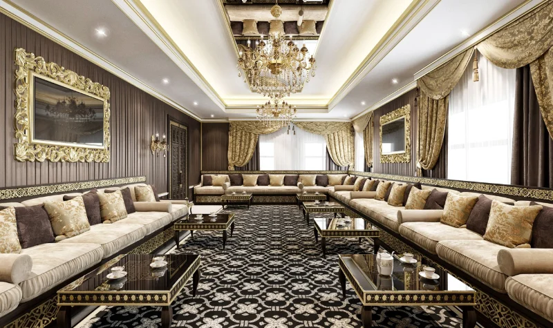 Elegant majlis with chandeliers and gold décor