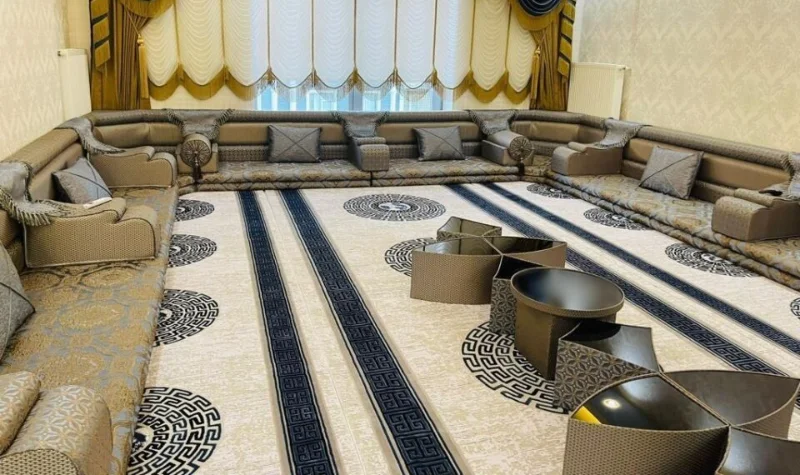 Luxury majlis seating with curtains and carpet