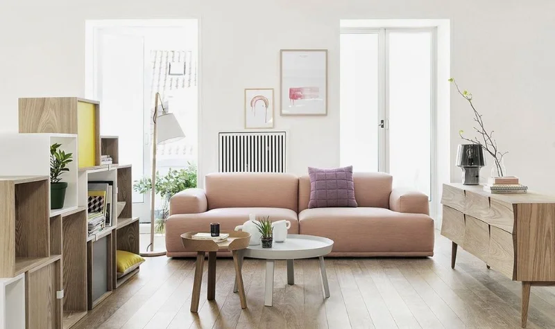 Pink sofa with wooden furniture set