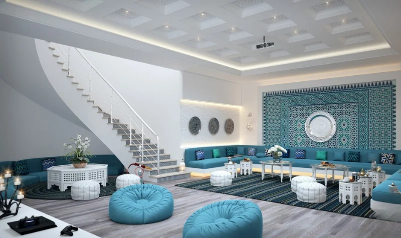 Contemporary majlis with turquoise sofas and décor