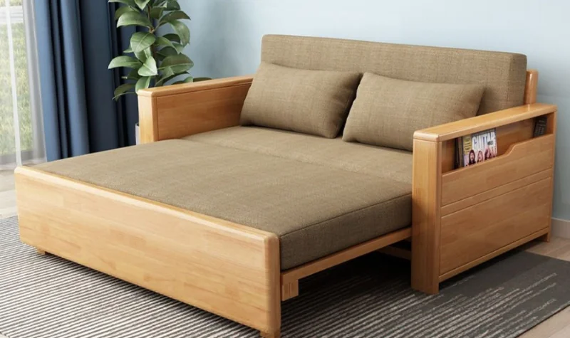 Modern wooden sofa cum bed in Dubai with side storage and cushions