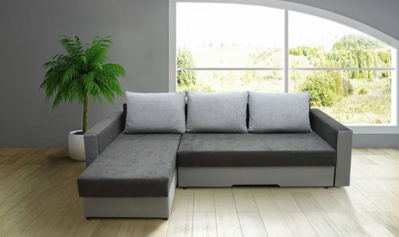 Modern L-shaped grey corner sofa with cushions in Dubai