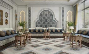 Classic Arabic majlis with patterned sofas and décor