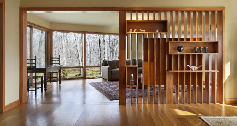 Wooden room divider in modern Dubai living room
