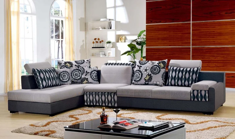 Grey fabric L shaped sofa