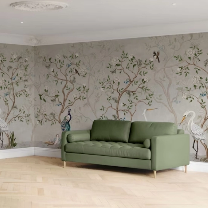 Chinoiserie Bird Wallpaper Installed in Living Room
