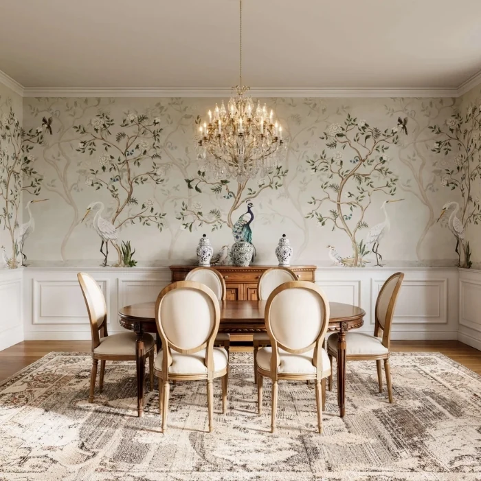 Close-up View of Chinoiserie Bird Mural