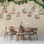 Birdcage floral wallpaper close view