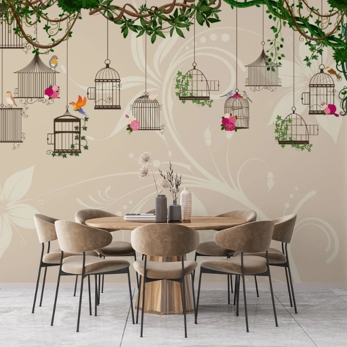 Birdcage floral wallpaper close view