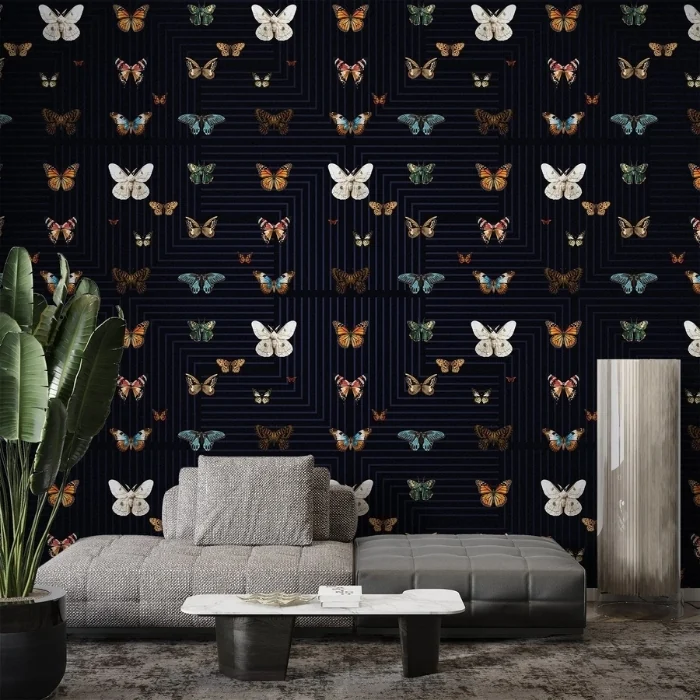 Silver-accent butterfly noir wallpaper