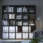 tall black brown shelving unit